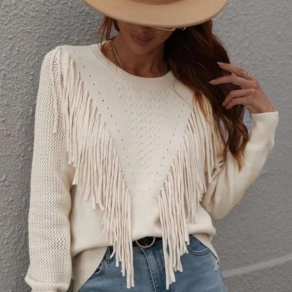 Apricot Beige Fringe Trim Knit Pullover Sweater